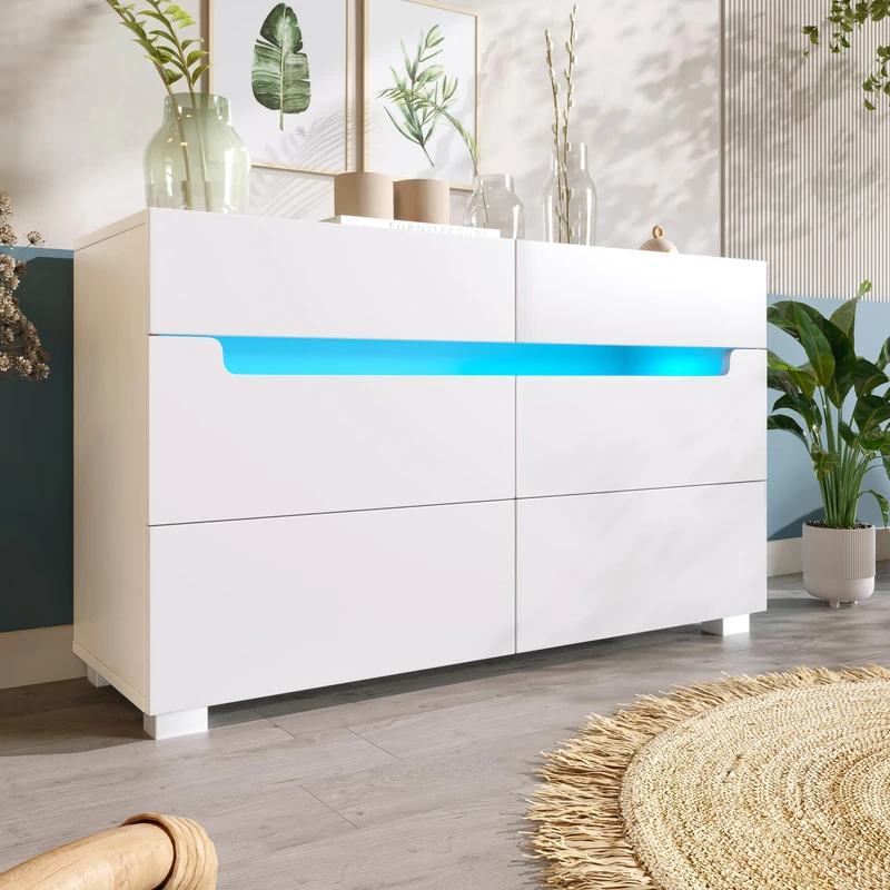 Ball & Cast Sideboard Cabinet Dresser with 6 Drawers,Storage with RGB LED(App Control), Sideboard with Cut-out Handles, 6-drawers Chest of Drawers, 71 x 120 x 40 cm, White