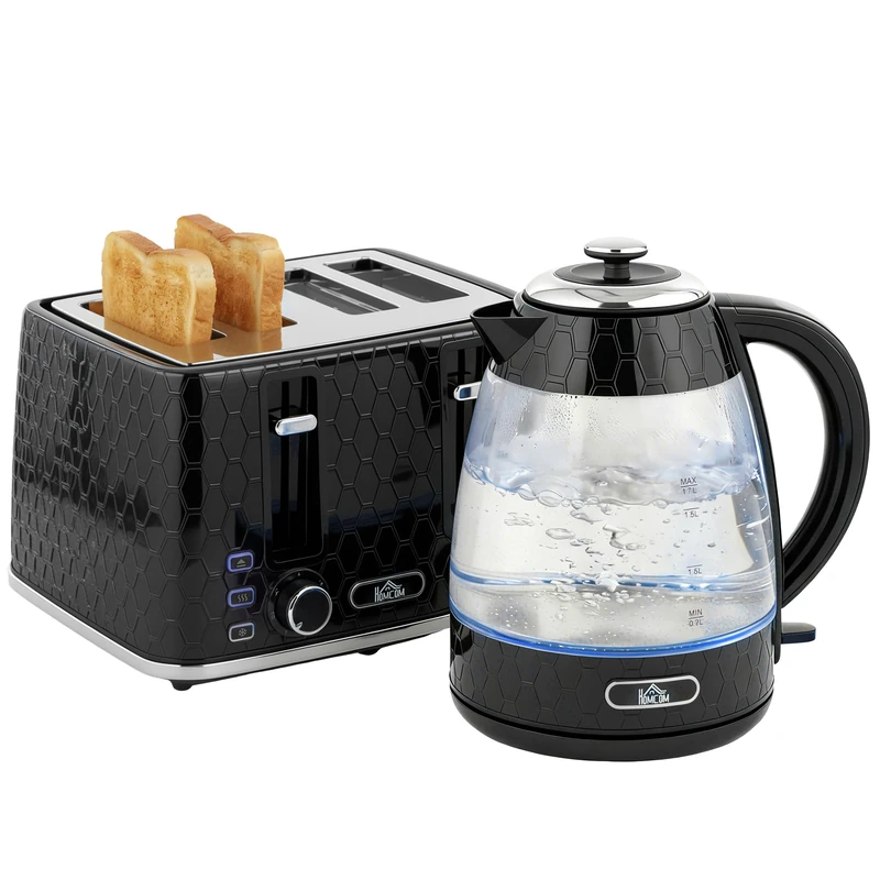 HOMCOM Kettle and Toaster Set, 1.7L 3000W Rapid Boil Jug Kettle with Strix Thermostat, Limescale Filter, 4 Slice Toaster with 7 Browning Controls, Crumb Tray, Black
