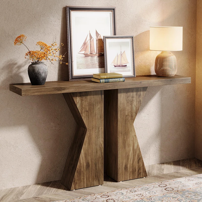 LITTLE TREE Farmhouse Console Table, 140cm Entryway Table with K-Shaped Frame, Wood Sofa Table for Entrance Living Room, Narrow Hallway Table, Rustic Brown