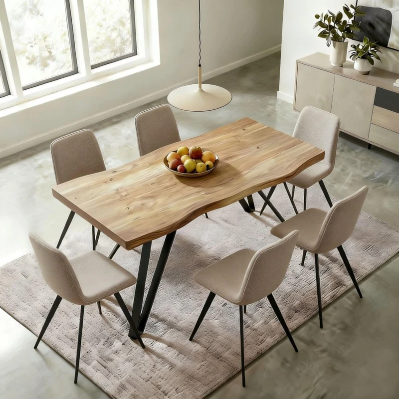 Home Source Arbore Dining Set, 140cm Table with 6 Ashford Chairs (Beige), Natural Wood Grain Top, Boucle Upholstered Seats, Black Metal Legs, Family Dining Room Furniture