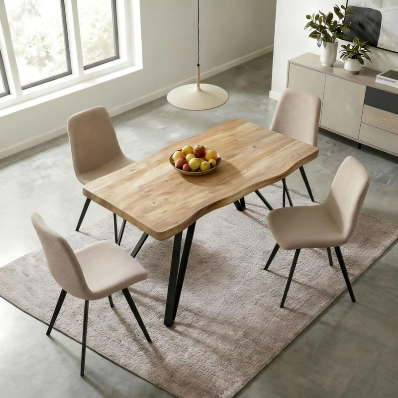Home Source Arbore Dining Set, 120cm Table with 4 Ashford Chairs (Beige), Natural Wood Grain Top & Boucle Upholstered Chairs, Black Metal Legs, Family Dining Room Furniture