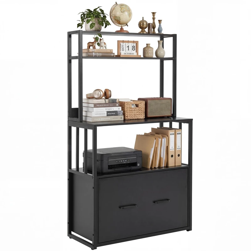 YITAHOME Filing Cabinet with Drawer, File Cabinet with Bookshelf for A4, Letter, Legal Files, Metal Storage Cabinet Printer Stand for Office School Home Organization, Black