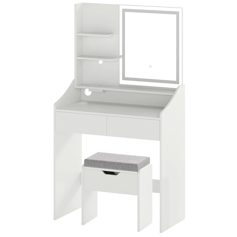 RELAX4LIFE Dressing Table and Stool Set with 3-Color LED Lights Mirror, Modern Vanity Desk with Charging Station, 2 Drawers and 3 Shelves, Cosmetic Bedroom Dresser Makeup Desk (White)