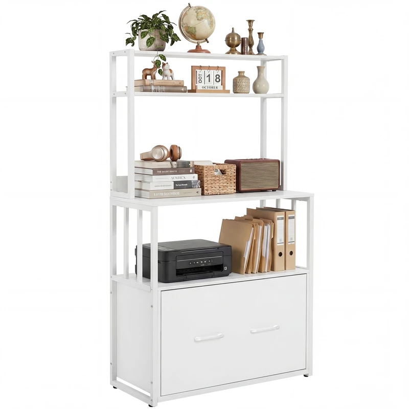 YITAHOME Filing Cabinet with Drawer, File Cabinet with Bookshelf for A4, Letter, Legal Files, Metal Storage Cabinet Printer Stand for Office School Home Organization, White