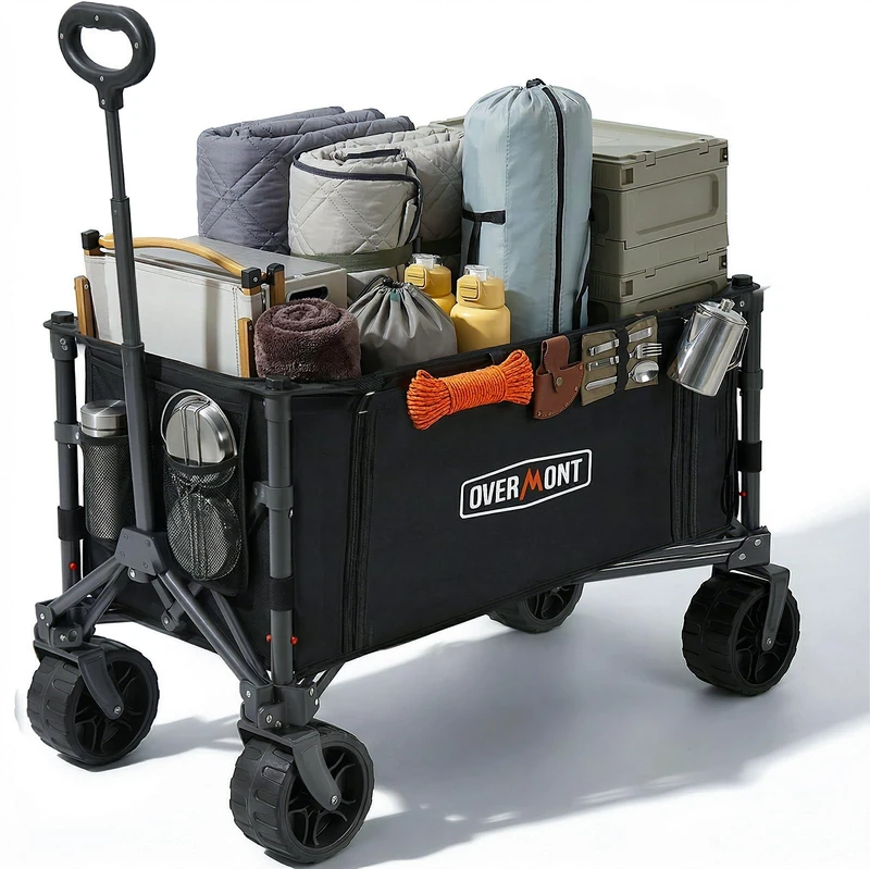 Overmont 3-in-1 Collapsible Wagon Cart - Ultra-Compact Lightweight Folding Trolley with All-Terrain Wheels - 120L Portable Utility Wagon for Shopping, Camping, Garden & Sports
