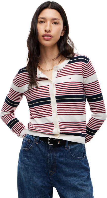 Tommy Jeans Women Tjw Essential Crew Neck Cardigan Dw0Dw20976 Cardigan Sweater, RED (Lavish Red/Stripe), XS