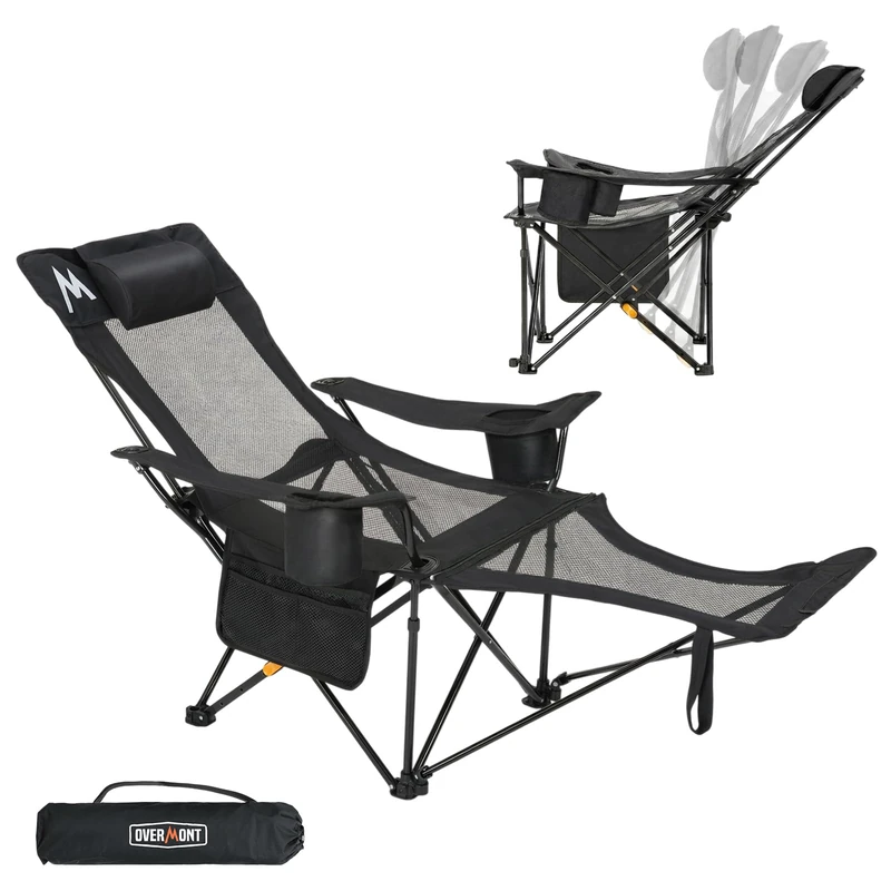 OVERMONT Reclining Camping Chair with Removable Footrest - 4-Position Adjustable Folding Lounge Chair for Adults with Removable Pillow Carry Bag - Support 300LBS Portable for Outdoor Beach Lawn Patio