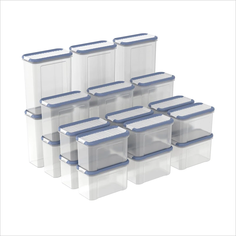 Rotho Domino Set of 24 Storage Jars, Shaker and Pouring Container with Tight Closing Lid, Dishwasher Safe, Transparent/Blue - Image 1