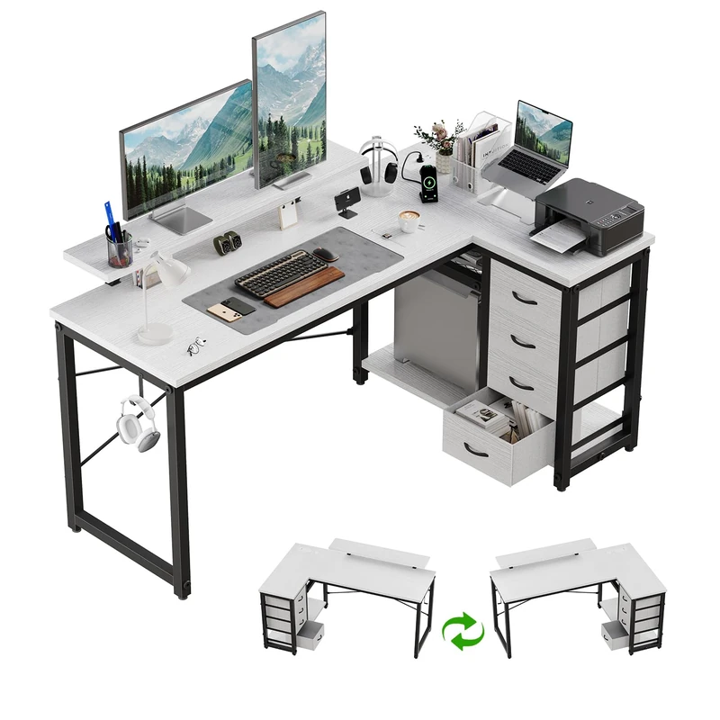JUMMICO L Shaped Desk with 4 Drawers,140x80cm Computer Corner Desks with Power Outlets & USB Charging Port, Reversible Large Storage Shelves Office Table With Monitor stand，White