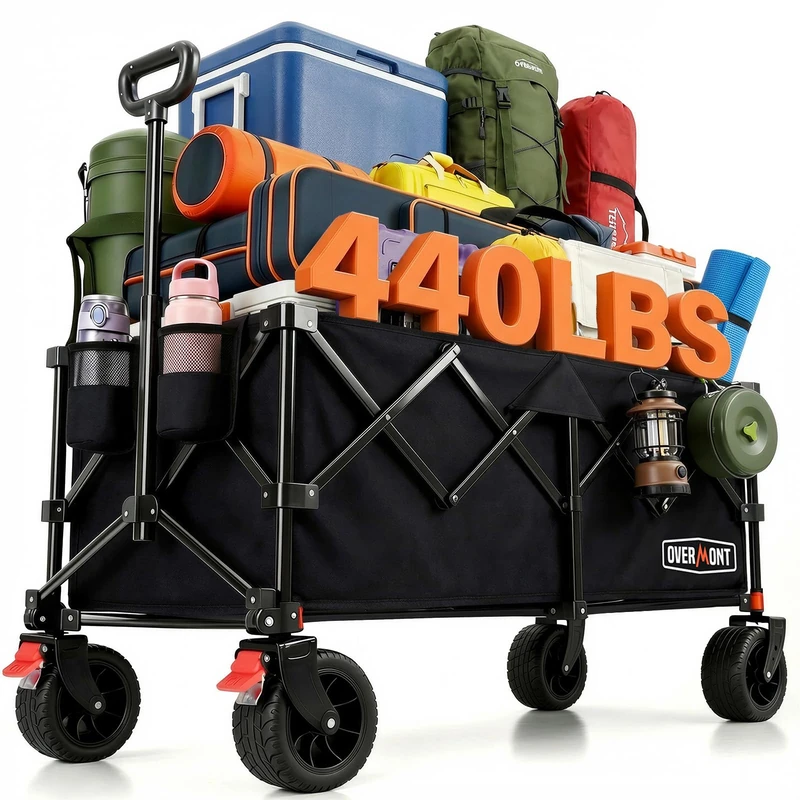 Overmont 270L Extra Large Folding Festival Trolley Cart - All-terrain Wheels and Brake - Heavy Duty Cart Load up 200KG - with Adjustable Handle - Wagon for Beach Camping Garden
