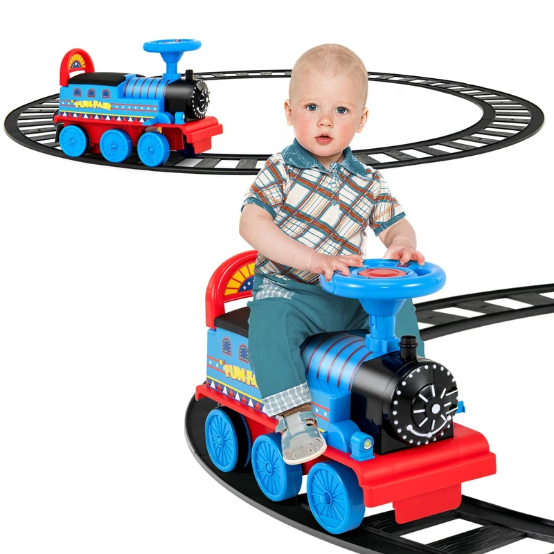 GYMAX Ride On Train with Tracks, 6V Kids Electric Car with Storage Seat, Music & Lights, Toddler Battery Powered Ride On Toy for 3 Years Old+ Boys Girls (Blue+Red)