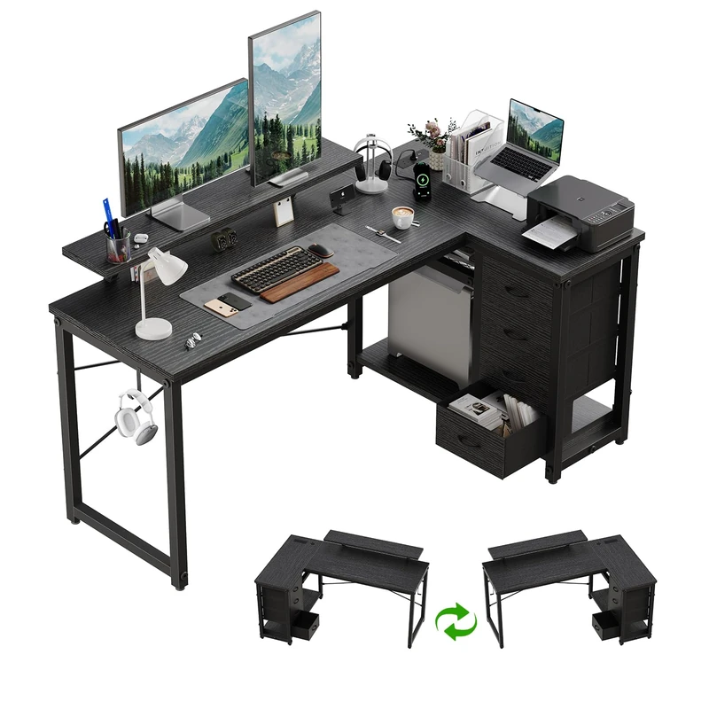 JUMMICO L Shaped Desk with 4 Drawers,140x80cm Computer Corner Desks with Power Outlets & USB Charging Port, Reversible Large Storage Shelves Office Table With Monitor stand，Black