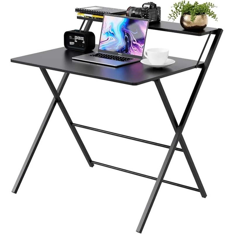 GarveeLife Folding Computer Desk with Monitor Stand, 2-Tier Compact Home Office Desk, Space Saving & Portable, Ideal for Small Spaces, Dorms, or Apartments, 80 * 51 * 81cm