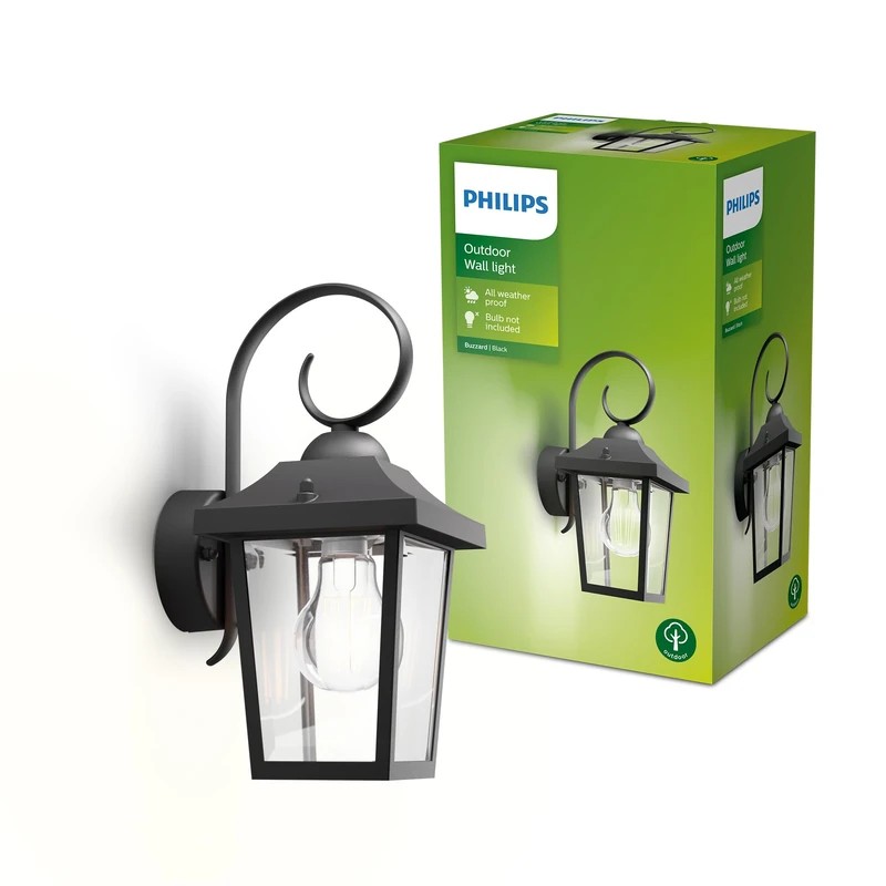 Philips Buzzard Vintage Wall Lantern + E27 LED Bulb, Warm White Light, for Outdoor, Home Garden Lighting, Black