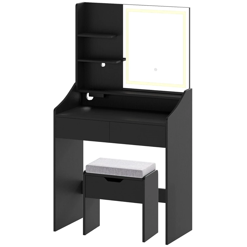 RELAX4LIFE Dressing Table and Stool Set with 3-Color LED Lights Mirror, Modern Vanity Desk with Charging Station, 2 Drawers and 3 Shelves, Cosmetic Bedroom Dresser Makeup Desk (Black)