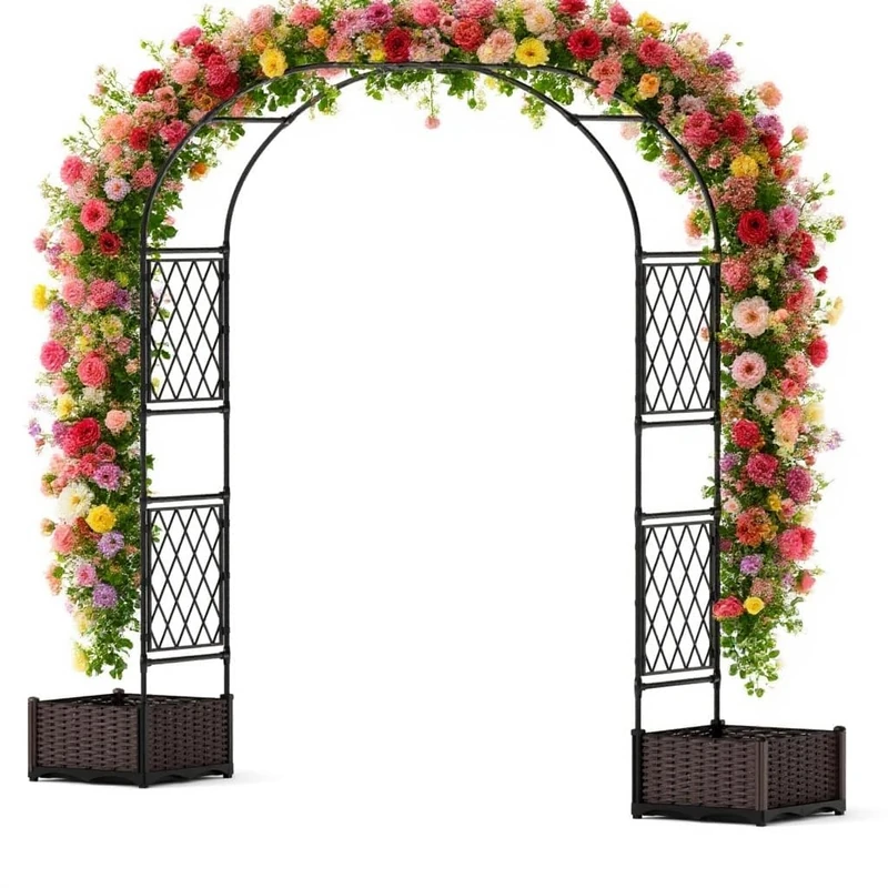 GarveeLife Rose Arch with Metal Frame & 2 Planters - Trellis, Archway, Garden Pergola, Standing Arch