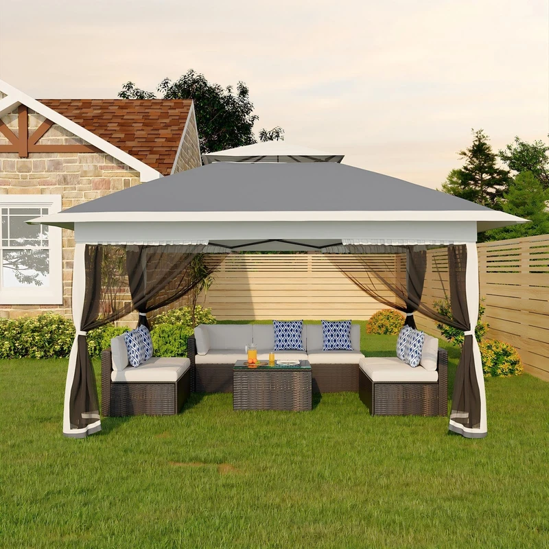 Folding Gazebo Mosquito Net 3 x 3 m with 4 Mosquito Net Side Panels - Pop Up Gazebo Waterproof & Stable UV Protection 50+, Height Adjustable, Double Roof Gazebo for Patio & Family Grey