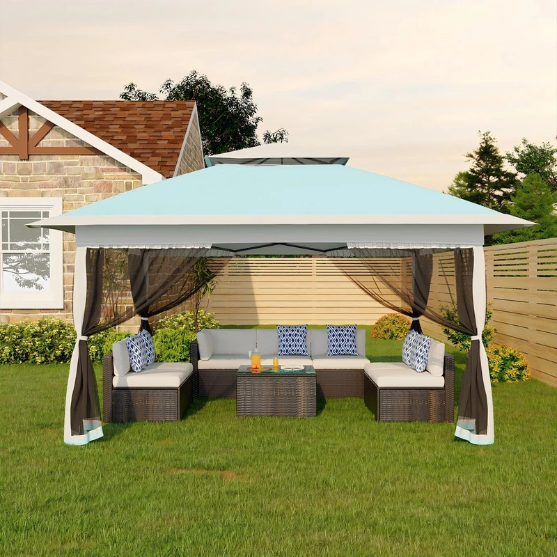 Folding Gazebo Mosquito Net 3 x 3 m with 4 Mosquito Net Side Panels - Pop Up Gazebo Waterproof & Stable UV Protection 50+, Height Adjustable, Double Roof Gazebo for Patio & Family Pastel Blue + Grey - Image 1
