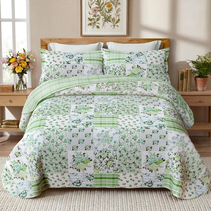 keensoft 3 Pieces Floral Quilt Set King Size Green