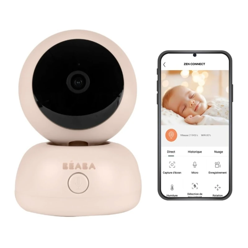 BÉABA, Zen Premium Video Baby Monitor 2-in-1, HD Camera, 360° Rotation, Night Vision, Talkie-Walkie, Lullabies, Temperature & Humidity Control, Clay