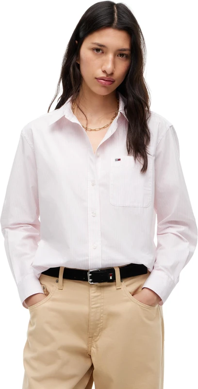 Tommy Jeans Women Tjw RLX Essential Shirt DW0DW23456 L/S Shirt, Pink (Pink/Stripe), XL