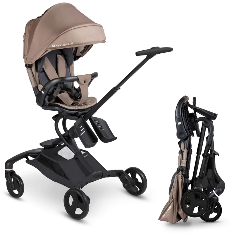 BÉABA x Micro Mobility Baby Cruiser Pushchair, from Birth, 360° Rotating Seat, 7 Positions with 3 Recline Angles, One-Hand Fold, LED Wheels, 5-Point Harness, XXL UPF 50+ Canopy, Praline