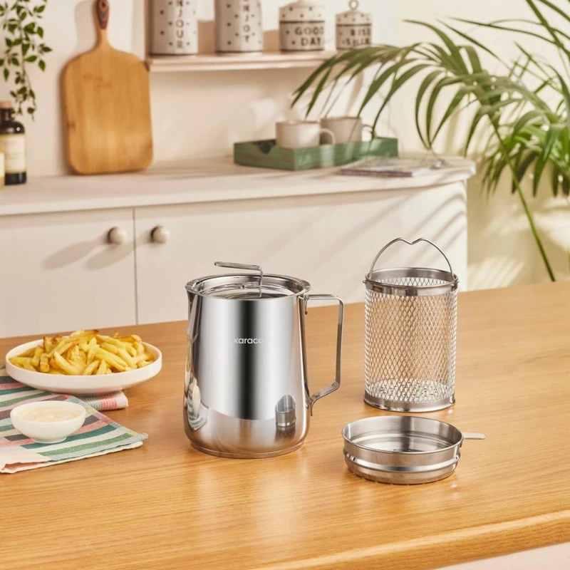 Karaca Minifry Stainless Steel Deep Frying Pot, 2L, Heat Resistant Handles, Lid, Ideal for Chips, Fried Chicken, Snacks & Everyday Cooking, Silver