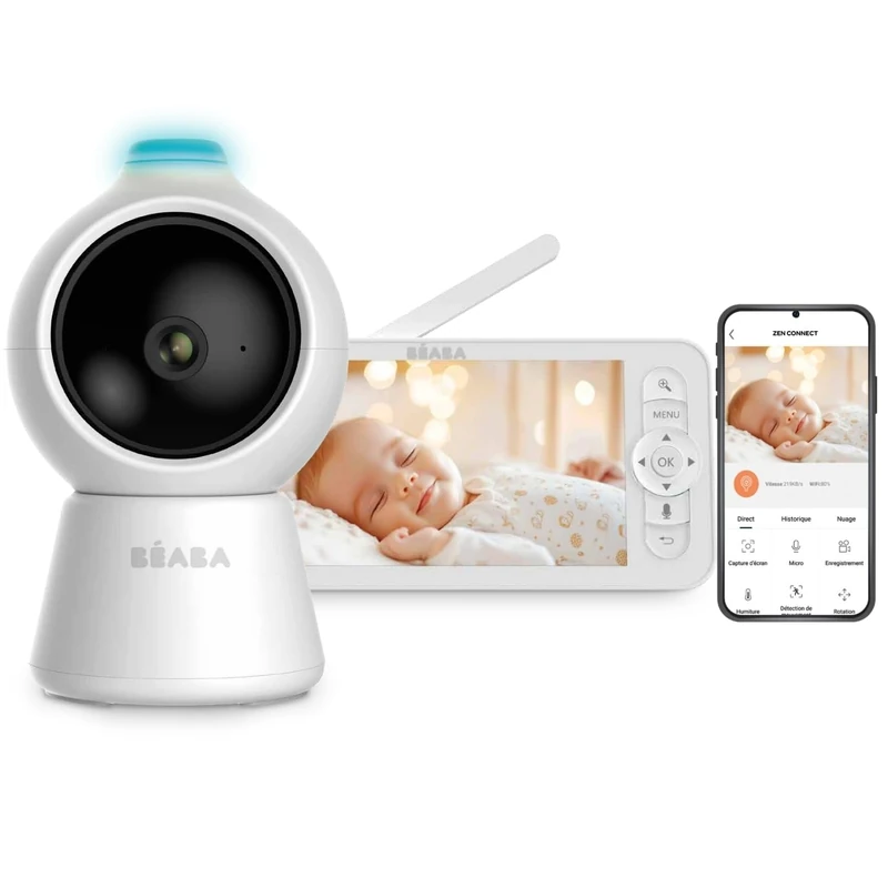 BÉABA Zen Smart AI – 3-in-1 Connected Video Baby Monitor with 360° Full QHD 4MP Camera, 720p HD Screen, Mobile App, AI Roll-Over Detection, Night Vision, Night Light, Talkie-Walkie, VOX, White