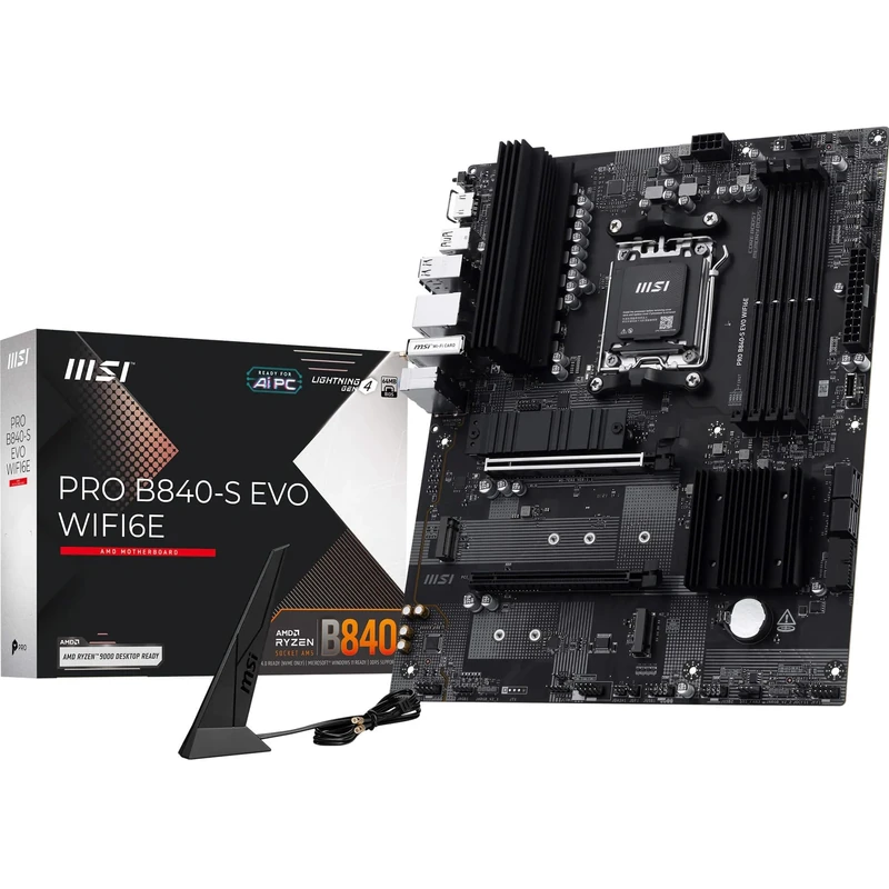 MSI PRO B840-S EVO WIFI6E Motherboard, ATX - Supports AMD Ryzen 9000/8000 / 7000 Processors, AM5 - DDR5 Memory Boost (up to 8000+ MT/s OC), PCIe 4.0 x16, M.2 Gen4, Wi-Fi 6E, 2.5G LAN