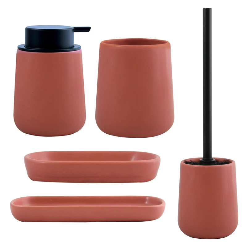 5 Piece Bathroom Accessory Set, Ceramic: Dispenser; Cup; Soap Dish; Brush Holder and Tray, Terracotta Colour - Image 1
