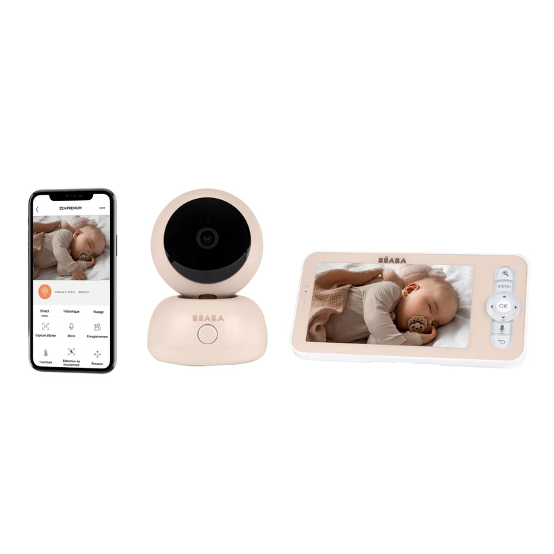 BÉABA, Video Baby Monitor 2-in-1 – Dedicated Screen & Mobile App, HD Camera, 360° Rotation, Night Vision, Talkie-Walkie, Lullabies, Temperature & Humidity Control, Zen Premium Clay