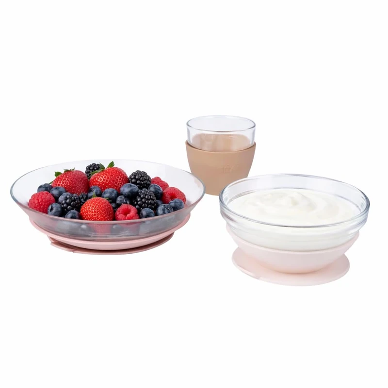 Beaba x Duralex Glass Meal Set - Plate, Bowl & Cup - Pink