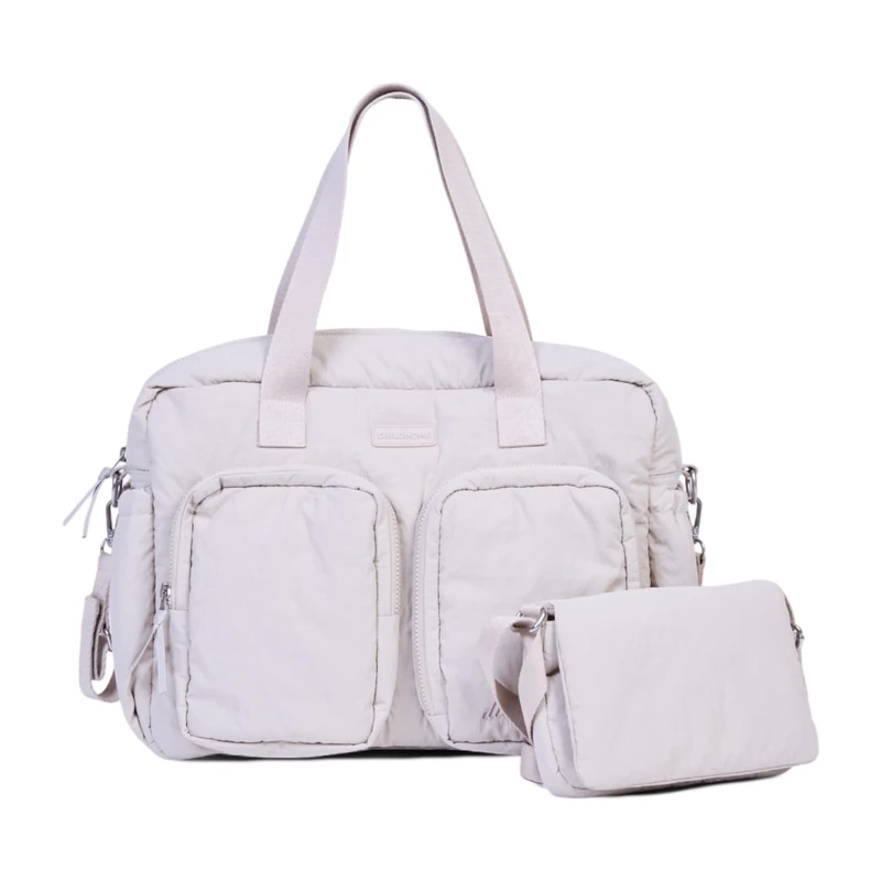 CHILDHOME, Mellow Baby Diaper Bag - All-in-One Quilted Nursery Bag, Multiple Compartments, Insulated Pouch, Wipes Pouch, Accessories Included, Beige