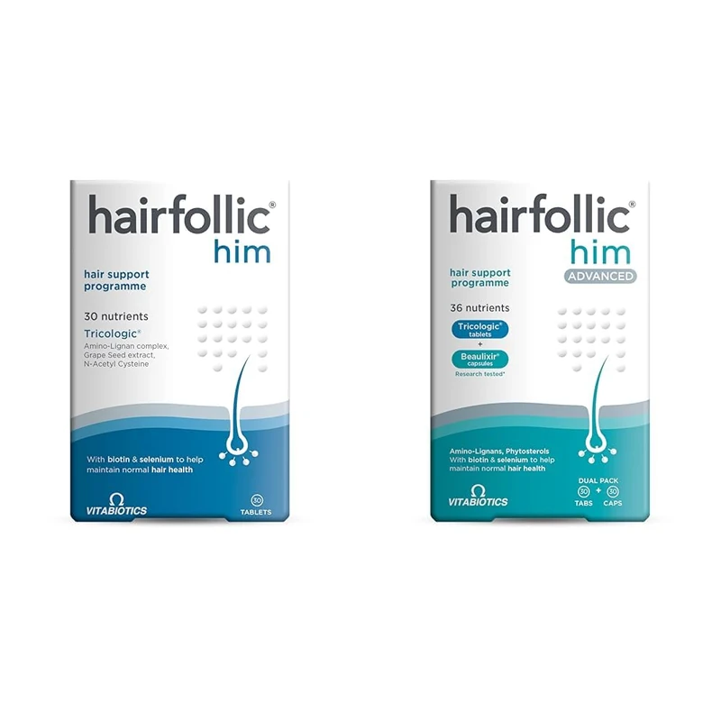 Bundle of Hairfollic Him, for Men - 30 Tablets, 30 Count + Vitabiotics Hairfollic Him Advanced Hair Health Support Tablets for Men - Image 1