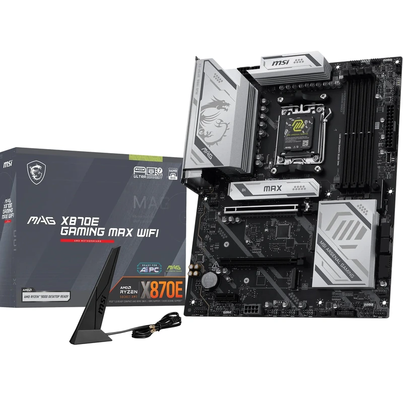 MSI MAG X870E GAMING MAX WIFI Motherboard, ATX - Supports AMD Ryzen 9000/8000 / 7000 Processors, AM5 - DDR5 Memory Boost (up to 8200+ MT/s OC), PCIe 5.0 x16, M.2 Gen5, Wi-Fi 7, 5G LAN