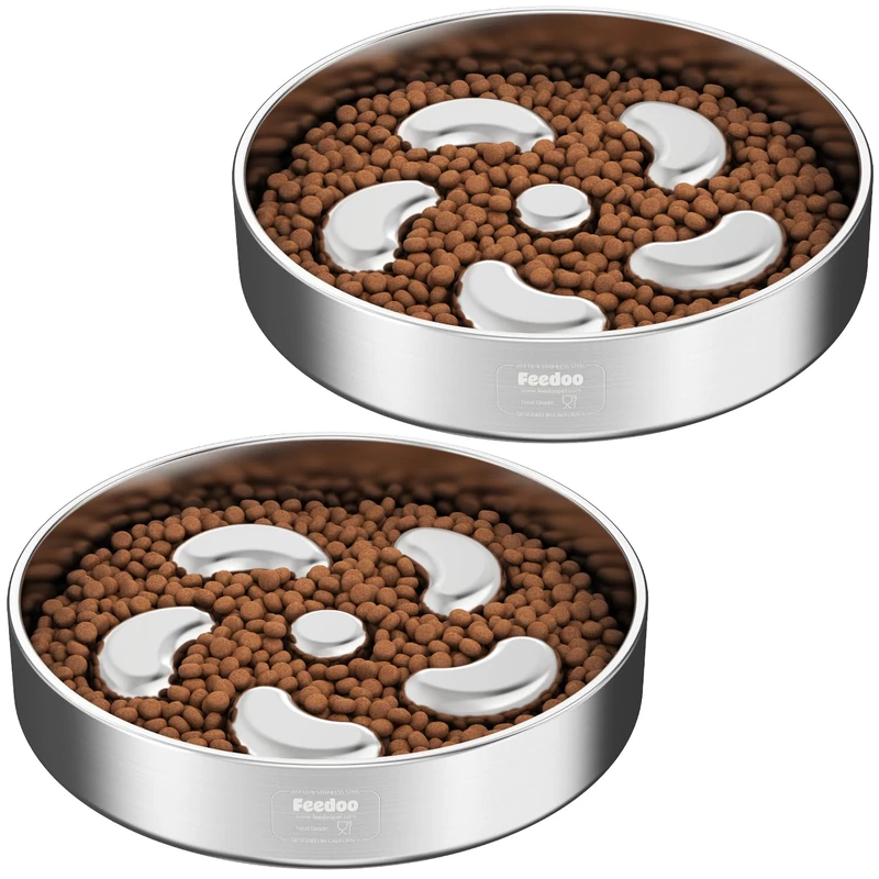 Feedoo Slow Feeder Dog Bowl - 2 Cups, Stainless Steel [2Pack]
