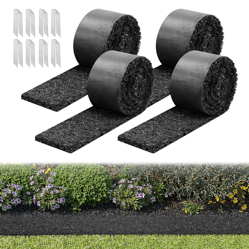 VEVOR Rubber Mulch Mat, 4 Rolls of 305 x 11.5 cm, Weed Mat 1.3 cm Thick, Garden Fleece, Weed Barrier Mat, Garden Edging, Edge Mat, Sidewalk Mat for Landscaping