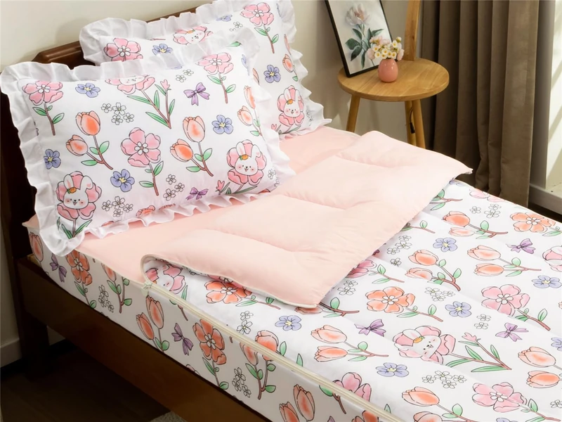 NTBED Flower Printed Zipper Bedding Sets Twin for Kids Girls Lightweight Microfiber Rabbit Comforter Set with Fitted Sheet Pillow Covers,Beige