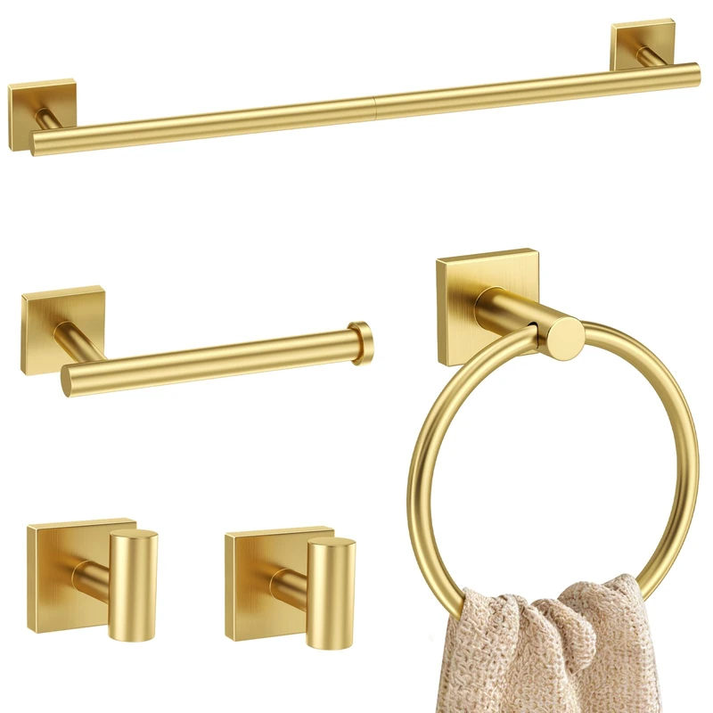 5 Pieces Brushed Gold Bathroom Hardware Set Towel Bar Set Stainless Steel Wall-Mounted Bathroom Accessories Set 23.6 Inch Towel Racks for Bathroom