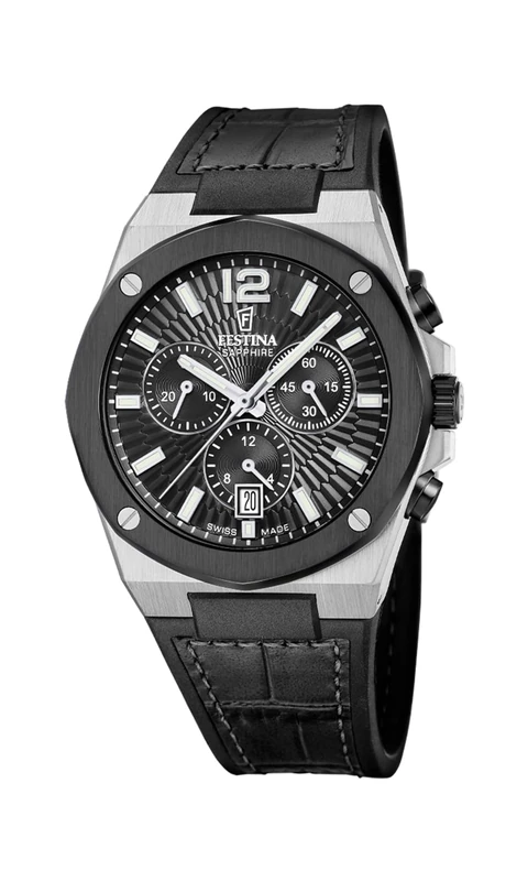 Festina Swiss Made Mens Steel Chronograph Watch with Leather Strap F22003/4