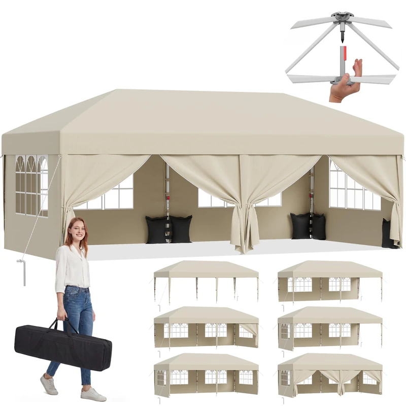 JUMMICO 3x6m Pop Up Gazebo with 4 Walls - Beige Marquee
