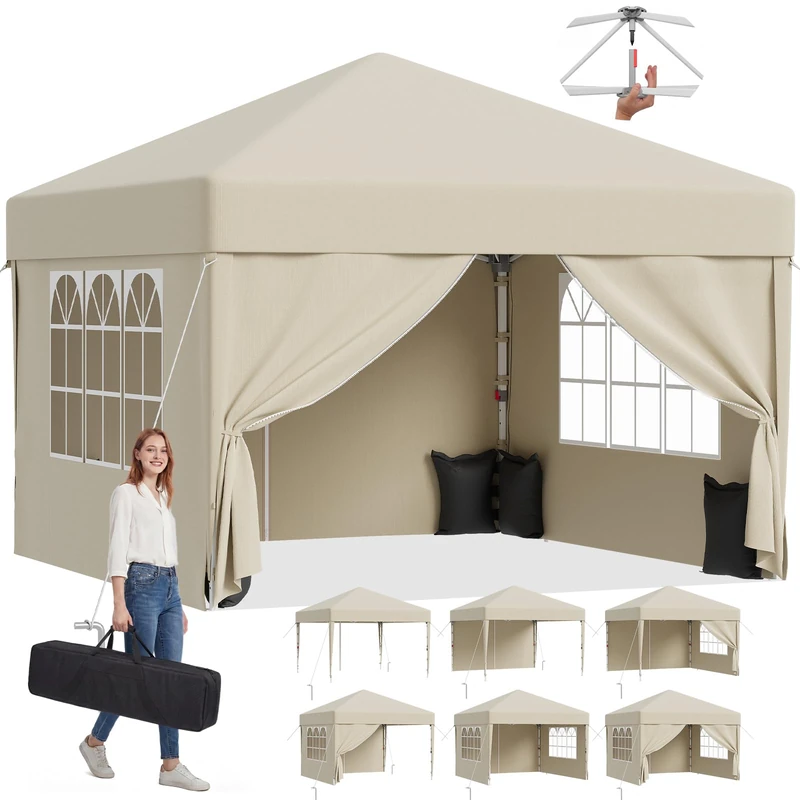 JUMMICO Pop Up Gazebo 3x3m with Sides, Heavy Duty Waterproof Marquee, 4 Removable Walls, UV50+ Sun Shelter, Adjustable Height, Folding Tent for Garden, Party, Camping - Beige