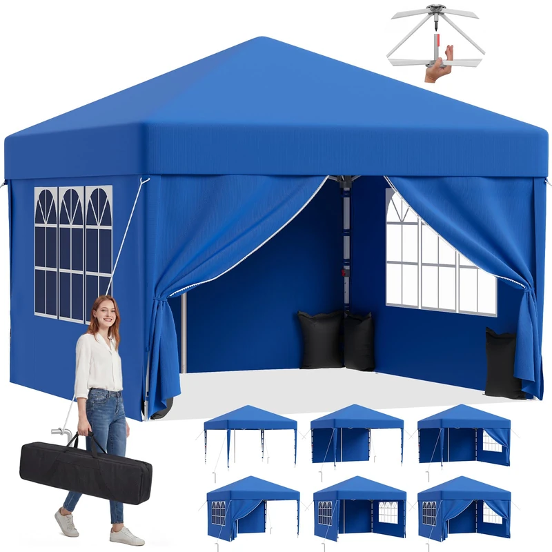 JUMMICO Pop Up Gazebo 3x3m with Sides, Heavy Duty Waterproof Marquee, 4 Removable Walls, UV50+ Sun Shelter, Adjustable Height, Folding Tent for Garden, Party, Camping - Blue