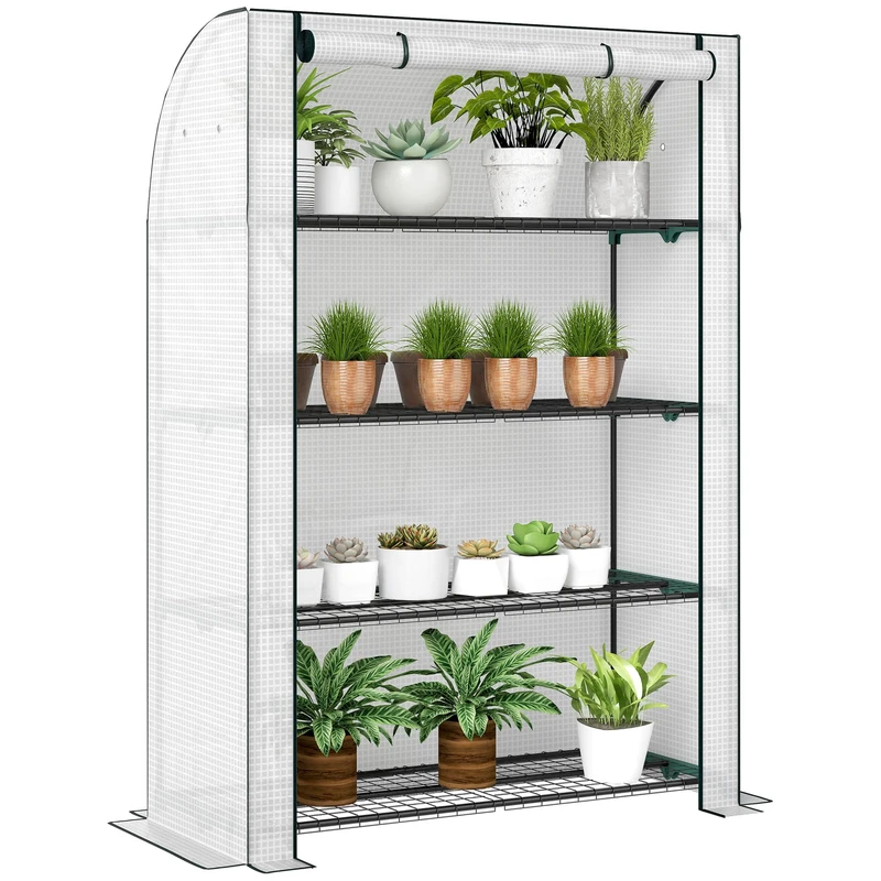 Outsunny 4 Tier Mini Greenhouse with Reinforced PE Cover, Portable Indoor Outdoor Green House with Roll-up Door and Wire Shelves, 170 x 120 x 50 cm, White