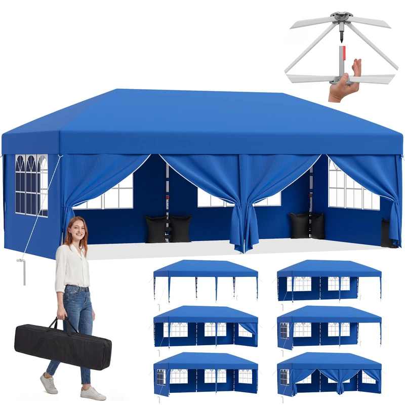 JUMMICO Pop Up Gazebo 3x6m with Sides, Heavy Duty Large Waterproof Marquee, 4 Removable Walls, UV50+ Sun Shelter, Adjustable Height, Folding Tent for Garden, Party, Camping - Blue
