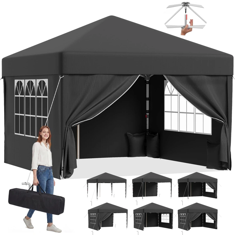 JUMMICO 3x3m Pop Up Gazebo with 4 Walls - Grey Marquee