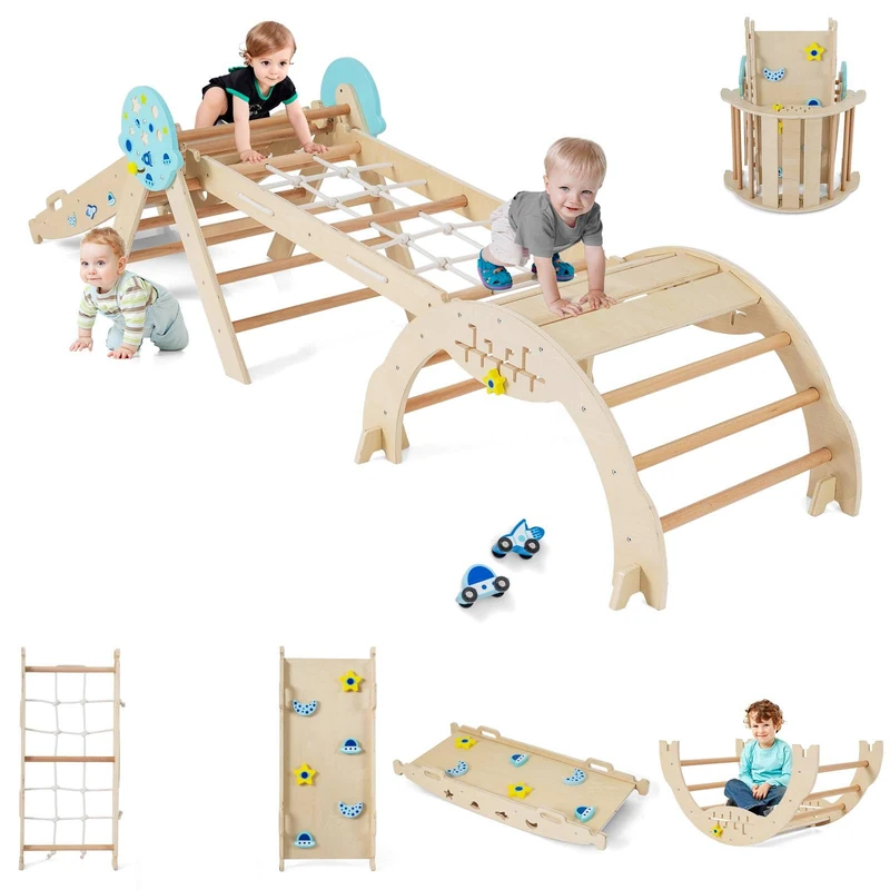 GYMAX 8 in 1 Kids Climbing Set, Wooden Toddler Climber with Arch, Climbing Rope and Reversible Ramp, Indoor Climbing Frame for 3 Years Old + (Natural, Spaceman-Themed: 281 x 53 x 58 cm)
