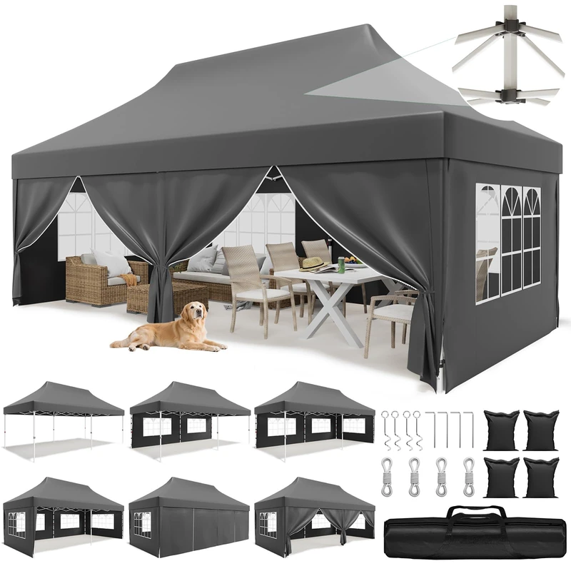 JUMMICO 3x6m Pop Up Gazebo with Side Panels - Grey Canopy