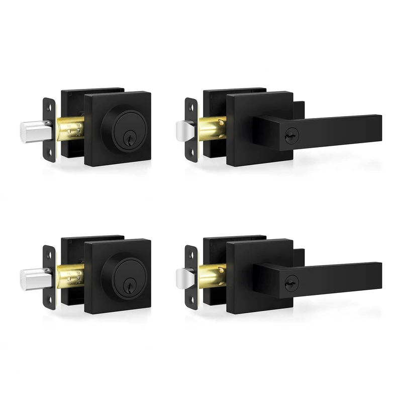 Estmoon Front Door Lock Set Exterior Door Handle, Keyed Alike Matte Black Door Locks for Front Door Heavy Duty Black Door Handle and Single Cylinder Deadbolt Lock, Garage Door Lock for Entrance,2 Pack