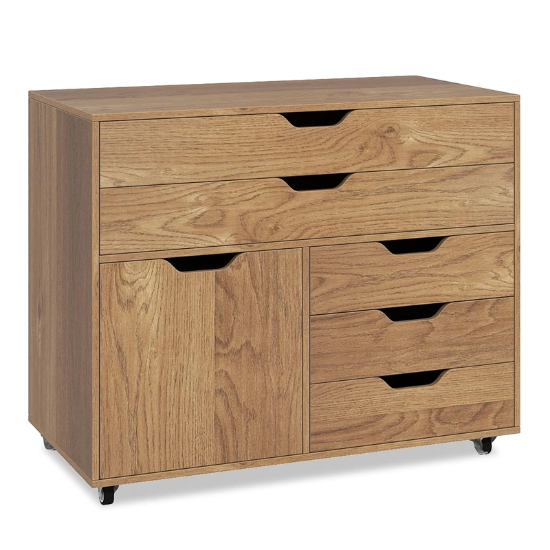 CASART Mobile File Cabinet, 5-Drawer Lateral Filing Cabinet with Wheels and 1 Door, Rolling Printer Stand Document Storage Unit for Home Office, Fits Files Letter, A4 Size, 77 x 40 x 64cm (Natural)